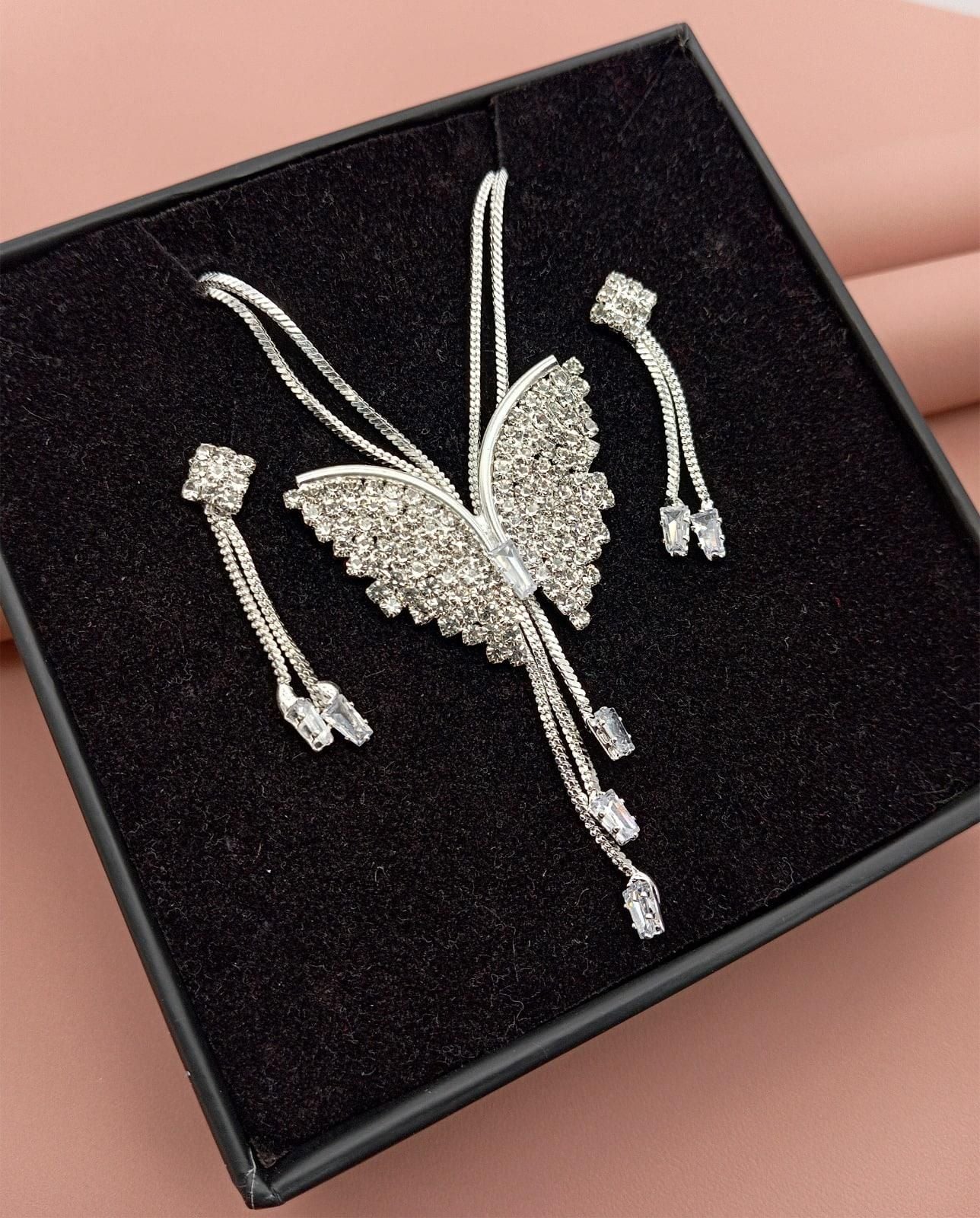 Silver Butterfly Necklace Set with Crystal Earrings