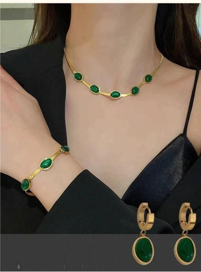Crystal Necklace & Bracelet Set (Oval Green )