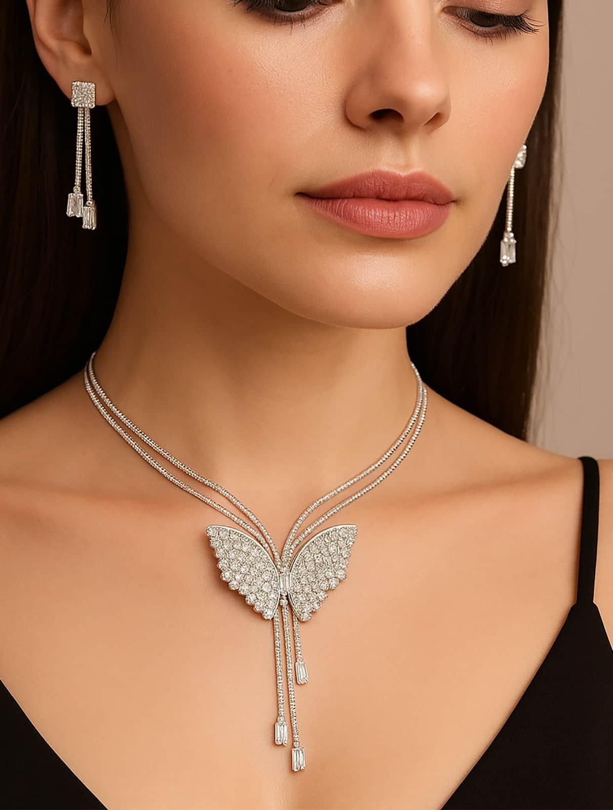 Silver Butterfly Necklace Set with Crystal Earrings