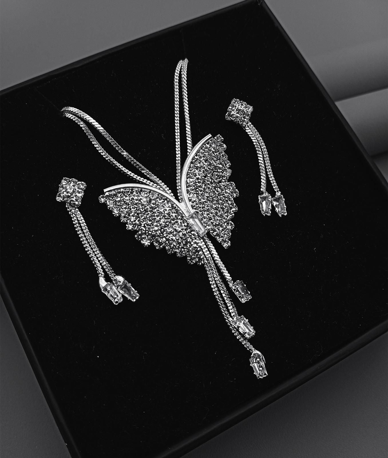 Silver Butterfly Necklace Set with Crystal Earrings