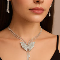 Silver Butterfly Necklace Set with Crystal Earrings